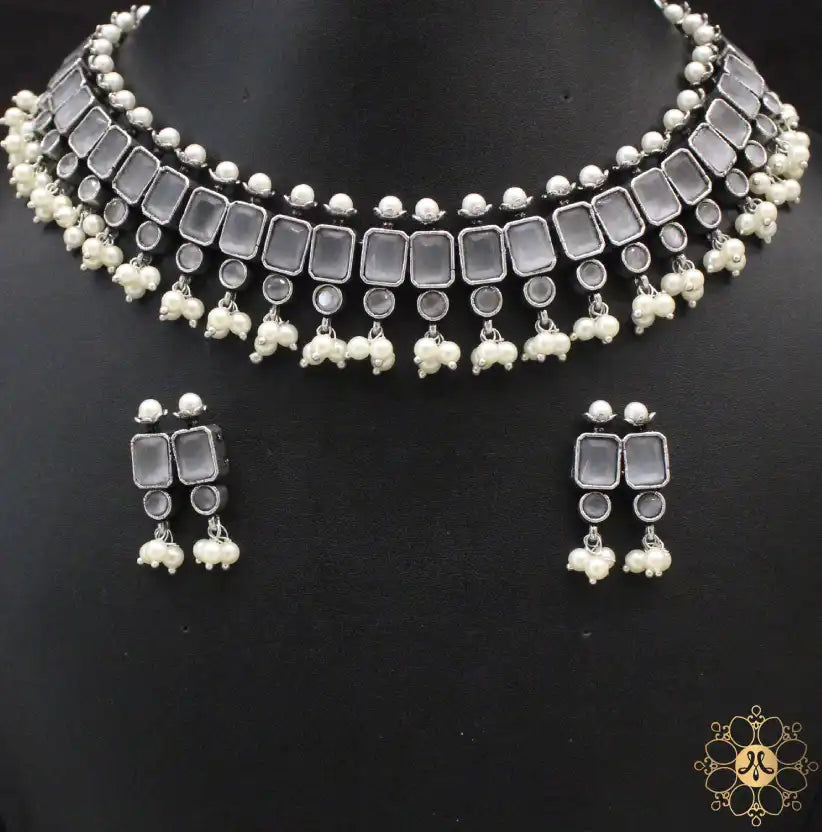 Ethnic Oxidized Necklace With Gray Color Stonre