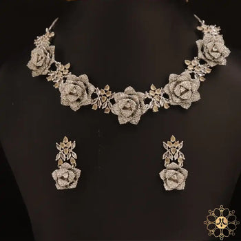 White Floral Diamond Finish Rhodium Polish Necklace