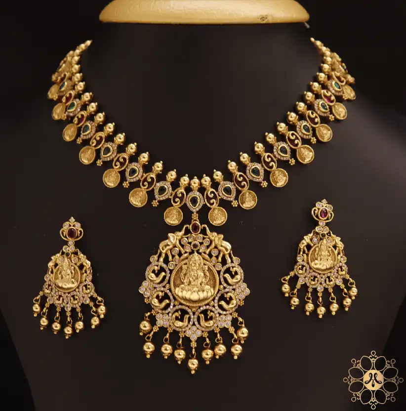 Lakshmi coin and peacock antique gold necklace
