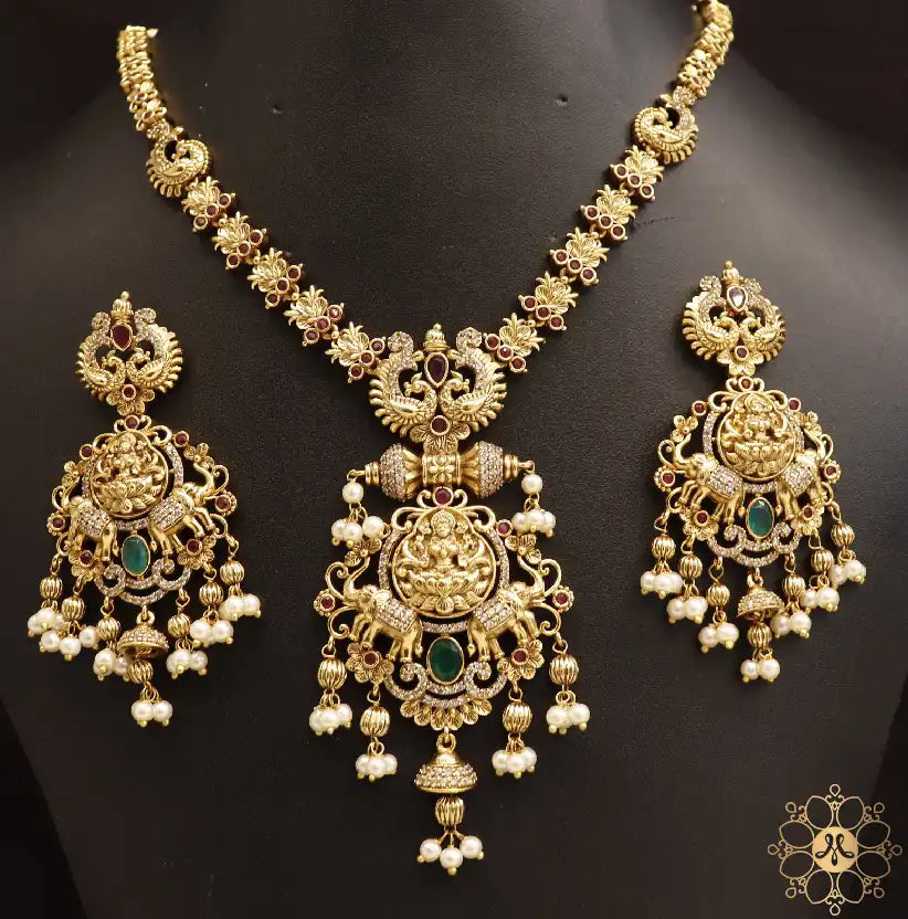 Antique Gold Multi Color Gajalakshmi Pendent Necklace