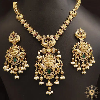 Antique Gold Multi Color Gajalakshmi Pendent Necklace